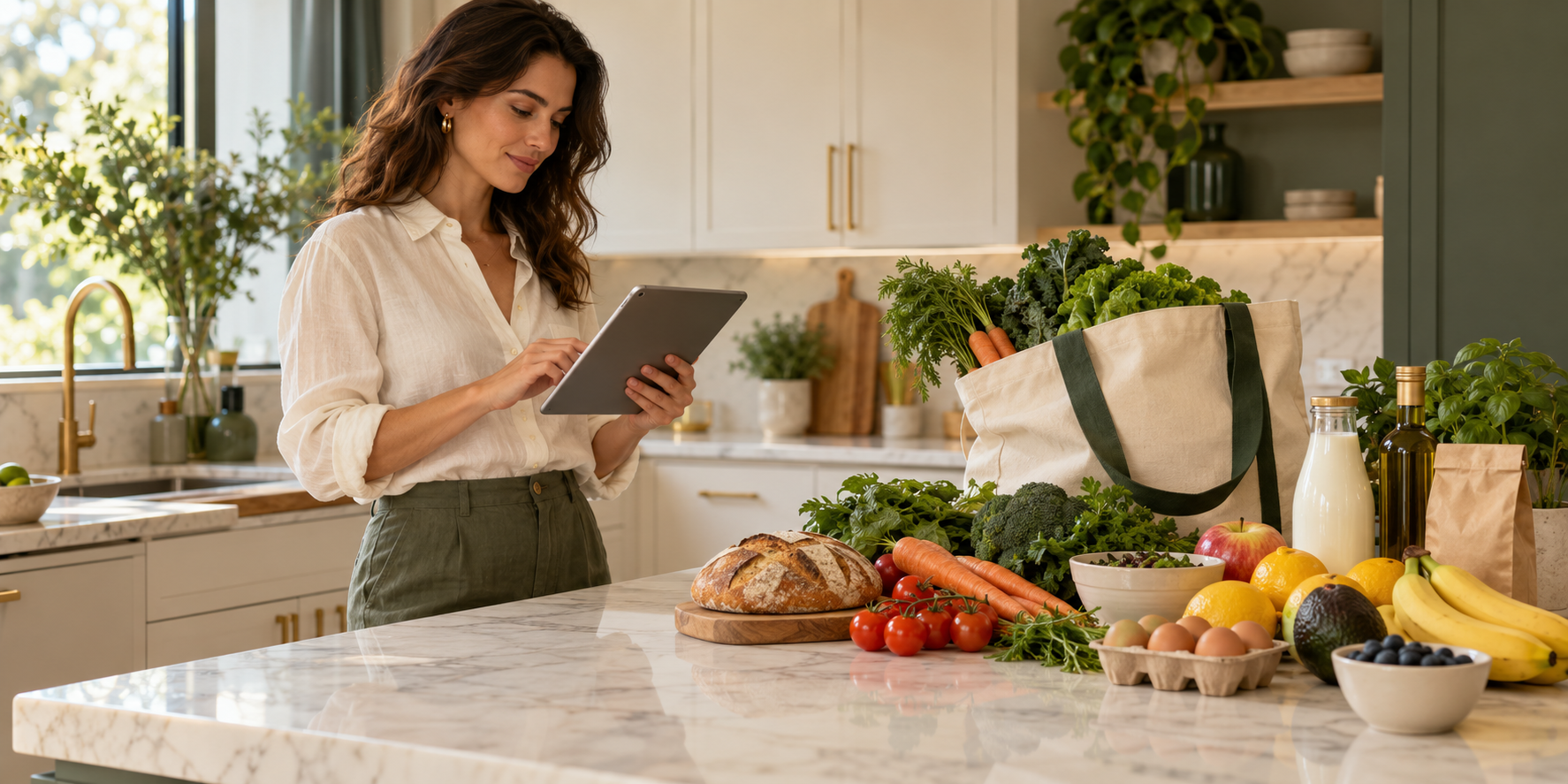 Mulher consultando um tablet na cozinha ao lado de compras organizadas
